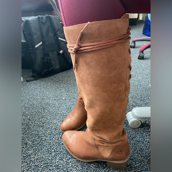 100% Real Suede & Leather Tall Partial Lace-Up Heeled Timberland Boots - Picture 4 of 14